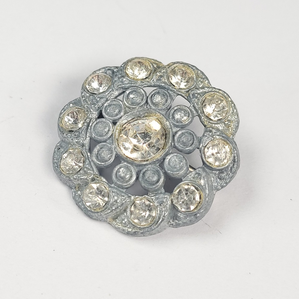 Vintage Small Rhinestone Pot Metal Brooch Silver Tone Floral Rosette Pin GG1